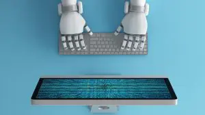 Online Courses In Artificial Intelligence - Top view of Robot hands using keyboard